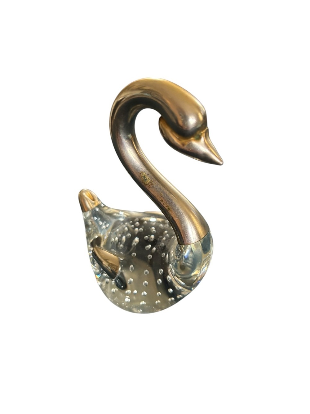 Vintage Swan Bubble Glass Figurine Silverplate Paperweight Collectible 4X3”